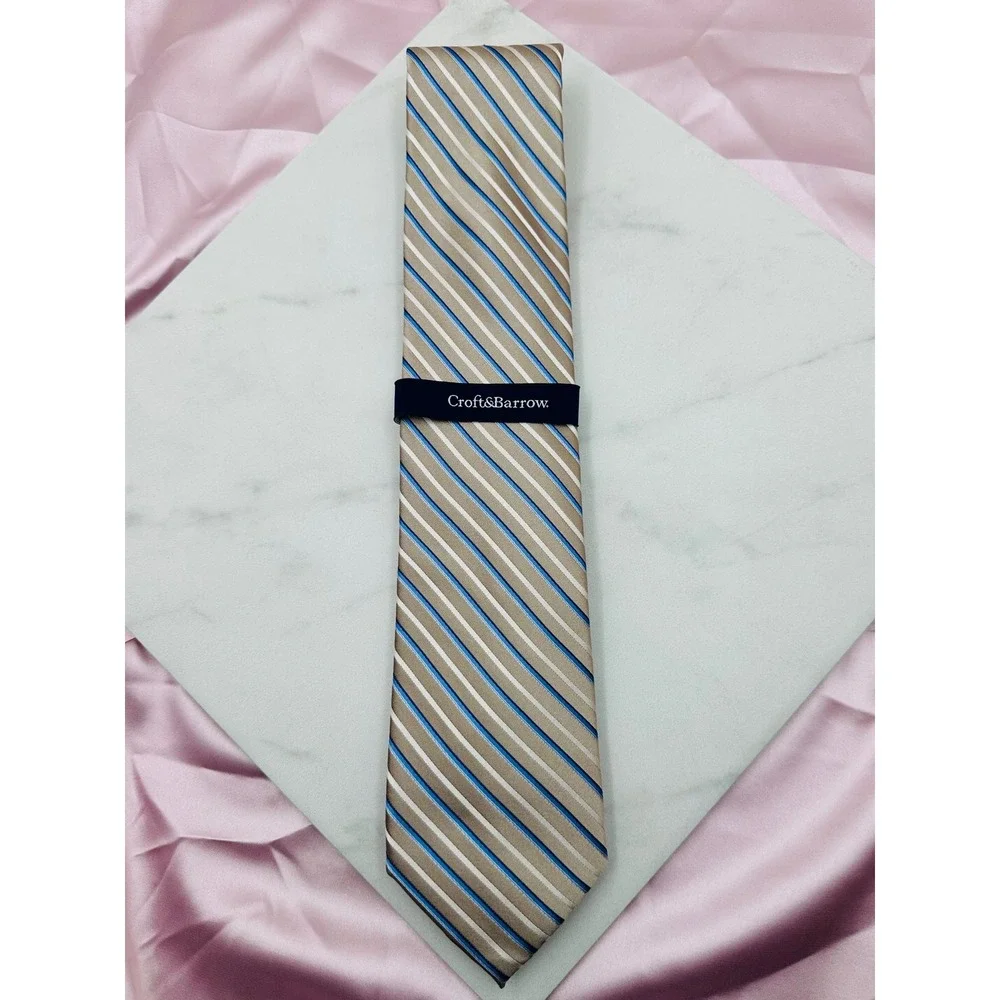 NWT Croft & Barrow Mens Silk Tie Taupe Blue White Striped Nathaniel Core